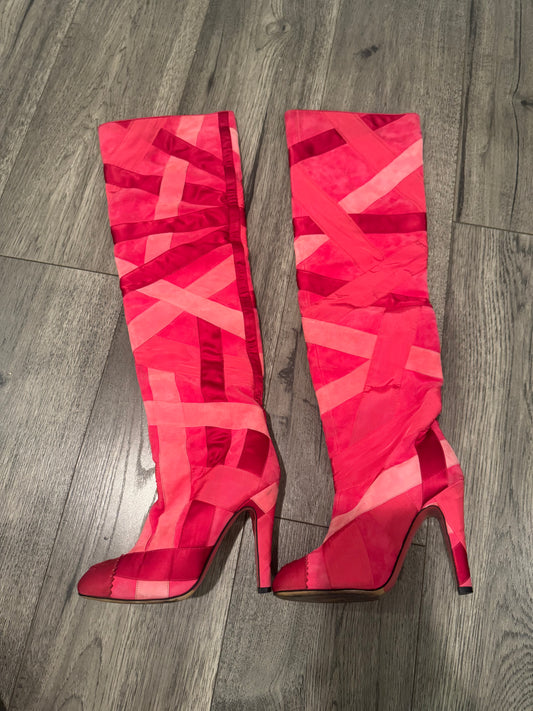 Chanel 2017 pink patchwork heel boots